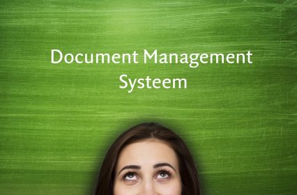 woman looking upwards to the word "document management systeem"
