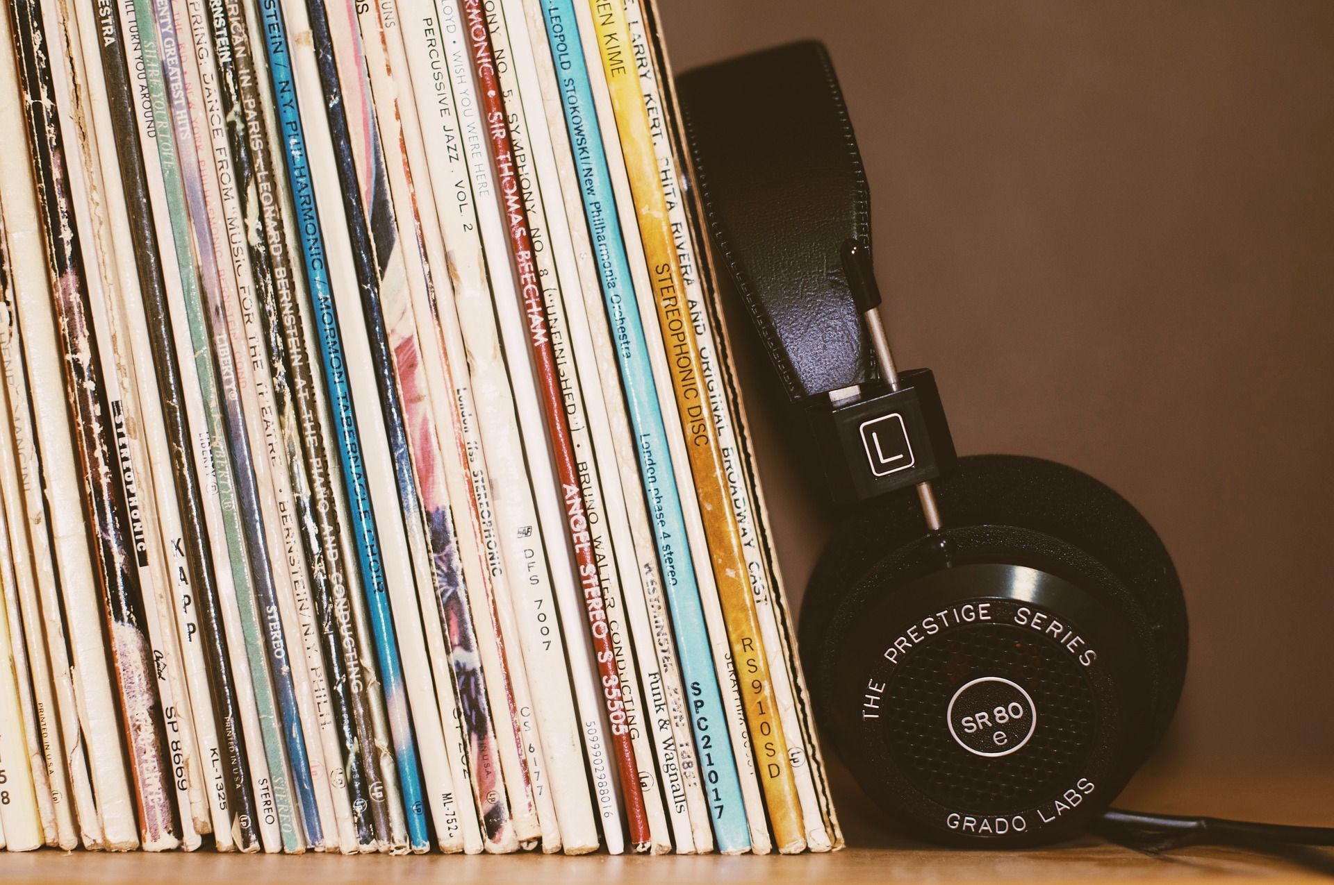 Headphones and retro vinyl collection